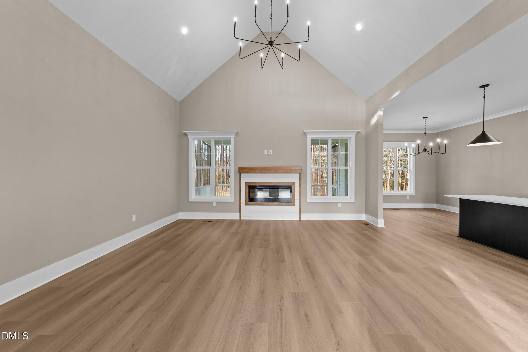 2590 Lassiter Road Four Oaks, NC 27524 - Photo 7 of 55 an empty room with wooden floor fireplace and windows