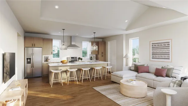 a large kitchen with a table and chairs