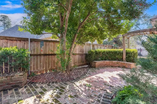 a view of a backyard with large trees and wooden fence