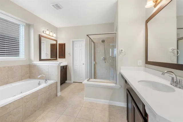 a bathroom with a tub sink shower and mirror