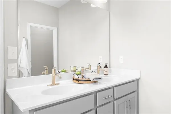 a bathroom with a sink and a mirror