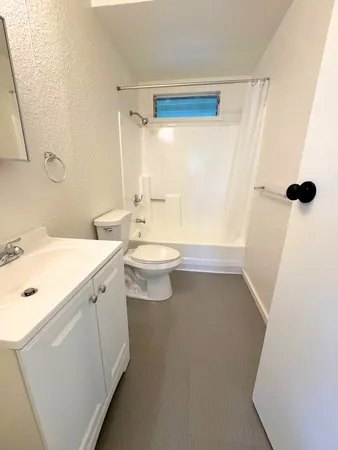 a bathroom with a double vanity sink a toilet a shower and a mirror