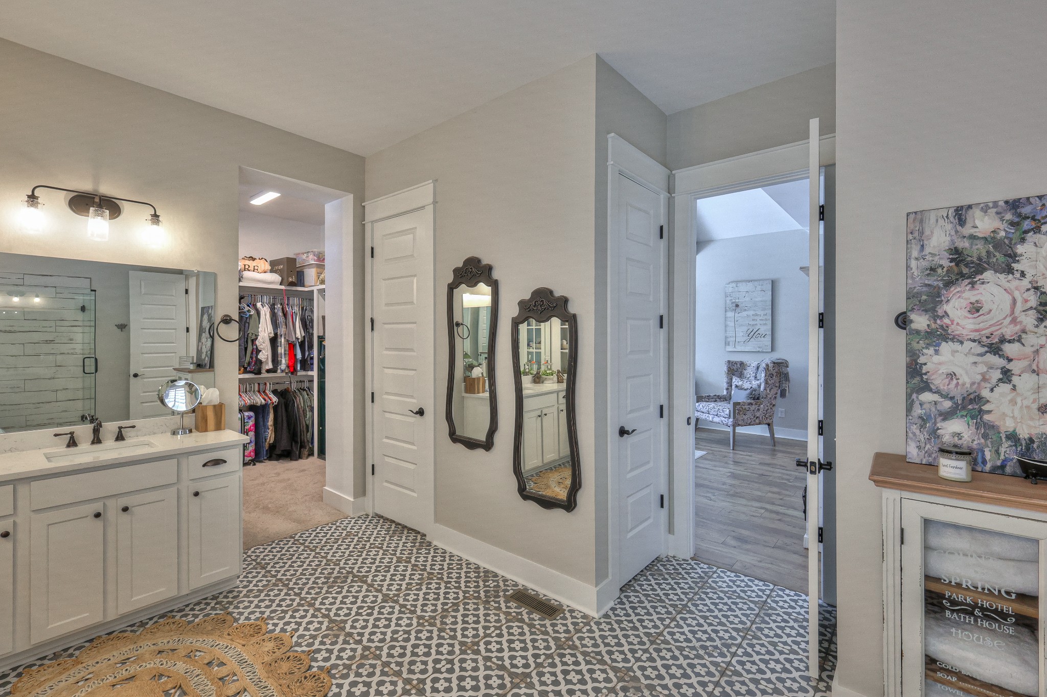 7760 Thayer Road Nolensville, TN 37135 - Photo 34 of 58 a bathroom with a double vanity sink mirror and shower