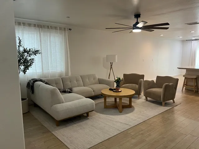 a living room with furniture and a potted plant