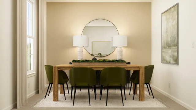 a view of a dining room with furniture and a mirror