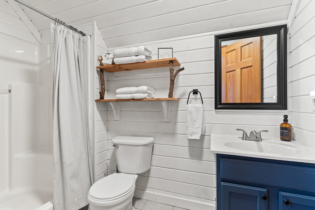 115 Barnhill Road Blairsville, GA 30512 - Photo 35 of 65 a bathroom with a sink a toilet and shower curtain