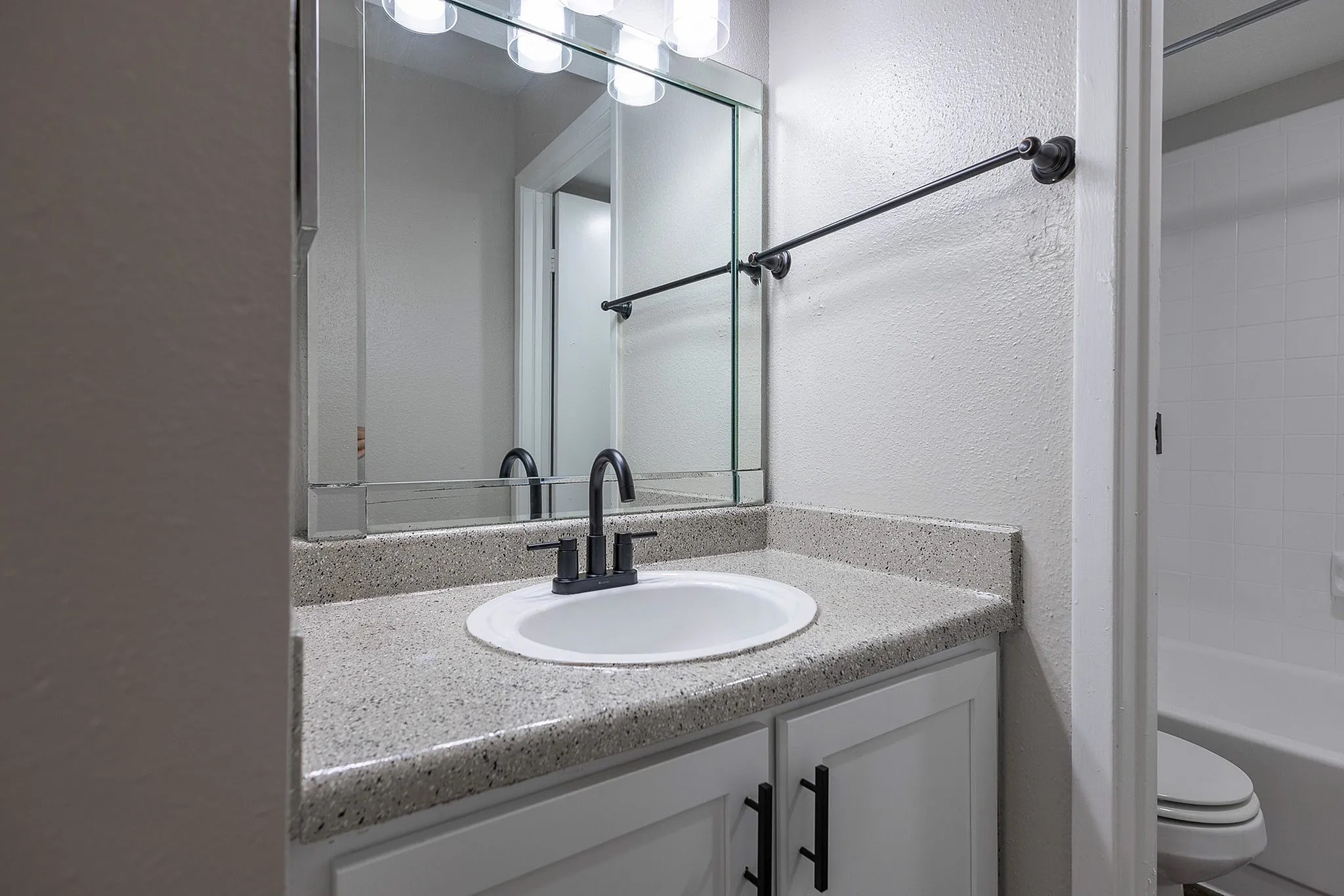 15100 Golden Eagle Drive, Unit 1305 Humble, TX 77396 - Photo 14 of 22 a bathroom with a granite countertop sink and a mirror
