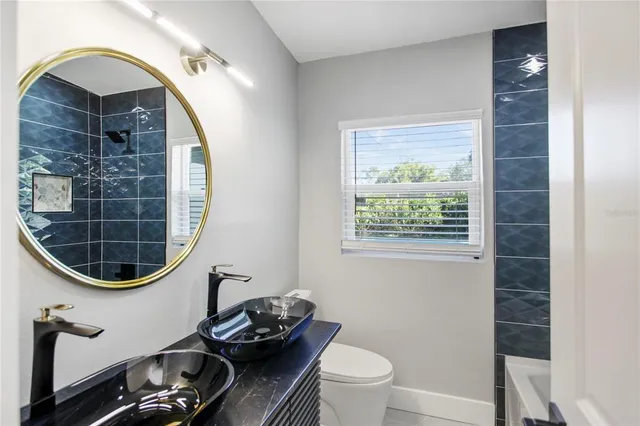 a bathroom with a toilet a sink and a mirror