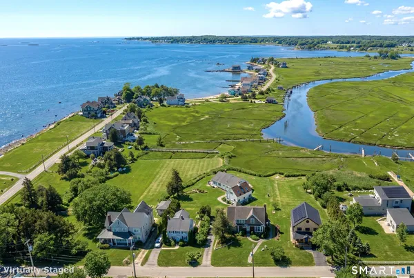 an aerial view of a house with a garden