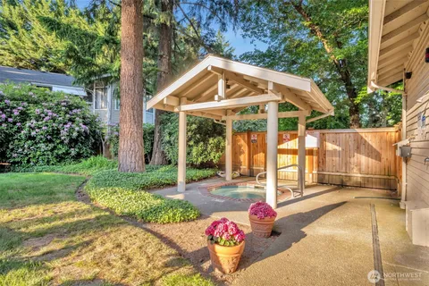 a garden view with patio