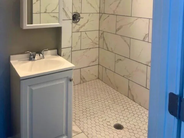 a bathroom with a sink and a shower
