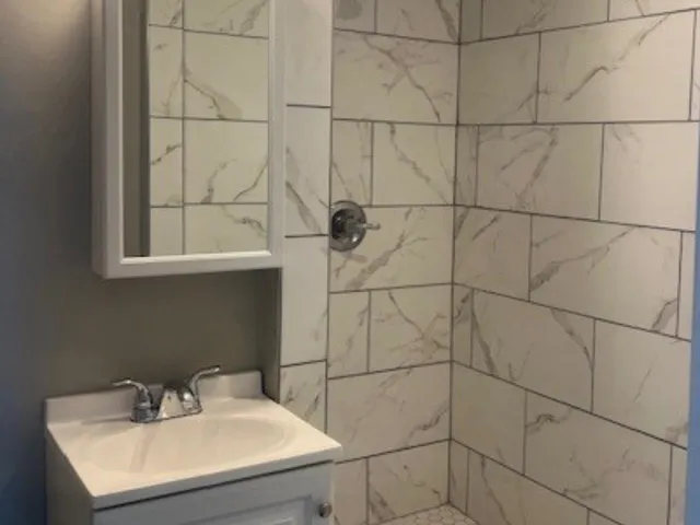 a bathroom with a sink and a shower