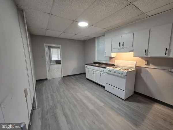 a kitchen with cabinets wooden floor and stainless steel appliances