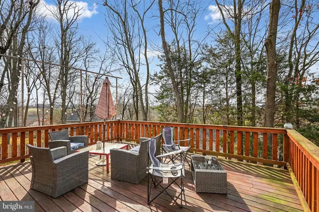 a view of a bench in the garden near a lake