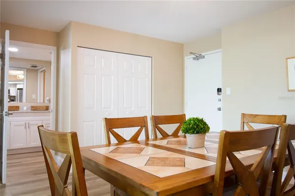 a view of a dining room with furniture