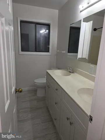 a bathroom with a sink and mirror with toilet