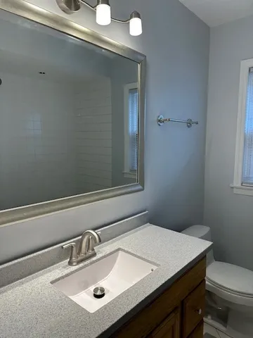 a bathroom with a sink a toilet and vanity