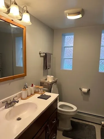 a bathroom with a sink vanity and a toilet