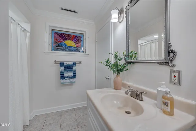 a bathroom with a sink a mirror and a potted plant