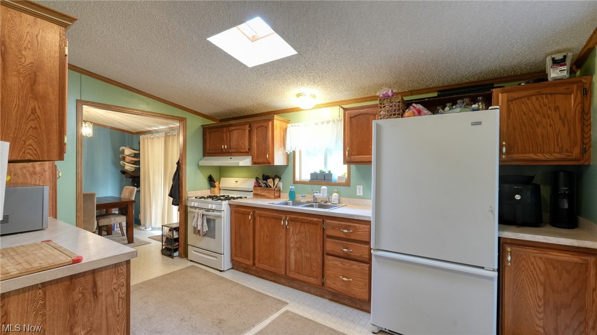 53447 Mud Run Road Senecaville, OH 43780 - Photo 5 of 31 Kitchen featuring sink, white appliances, a textured ceiling, crown molding, and vaulted ceiling with skylight