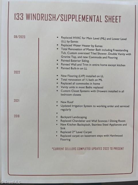 133 Windrush Road Winston-Salem, NC 27106 - Photo 47 of 50 Supplement Sheet - A MUST READ