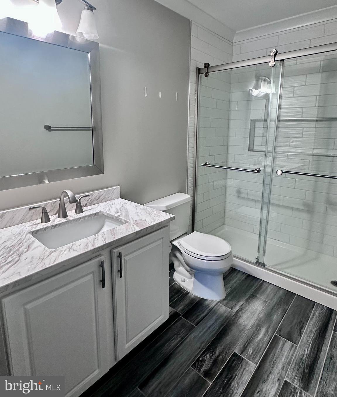 43270 Sunderleigh Square Broadlands, VA 20148 - Photo 21 of 24 a bathroom with a granite countertop sink toilet a mirror and shower
