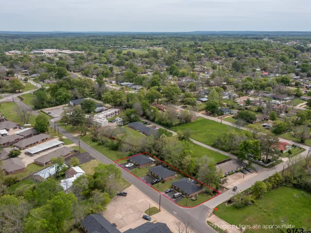 an aerial view of residential houses with outdoor space
