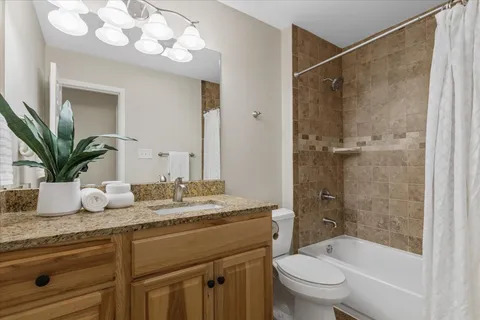 a bathroom with a granite countertop sink a toilet and shower