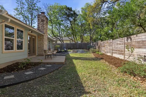 a view of a yard with plants and trees
