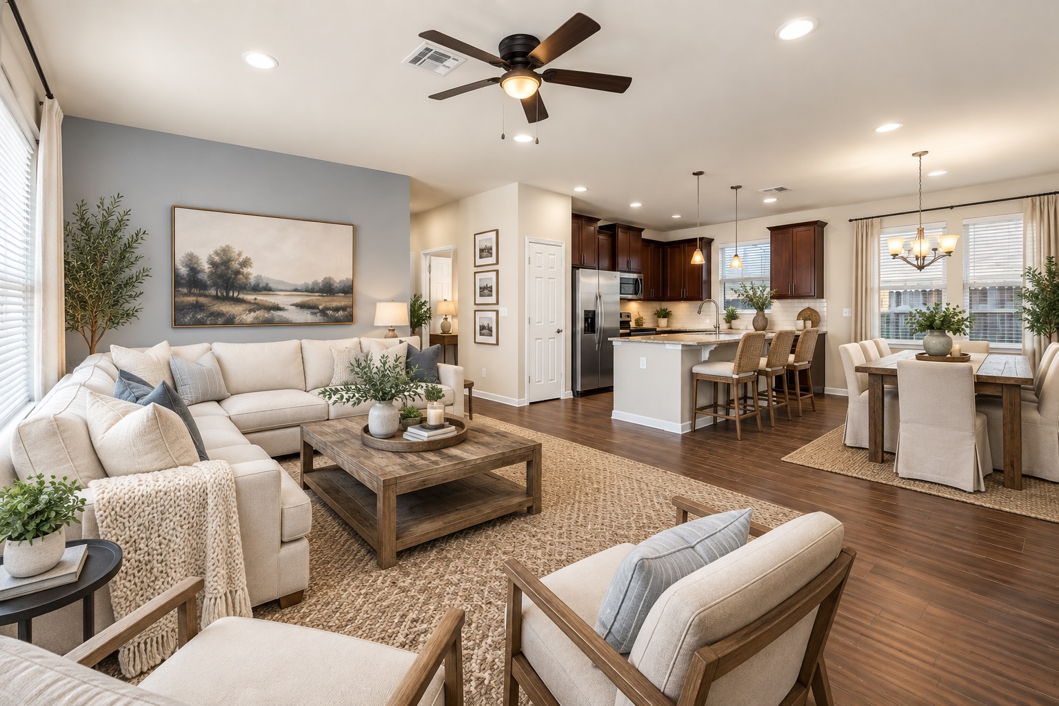 121 Guemal Road Buda, TX 78610 - Photo 3 of 13 Warm wood flooring and an open layout connect the living, dining, and kitchen areas seamlessly.