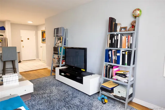 a living room with furniture and a book shelf