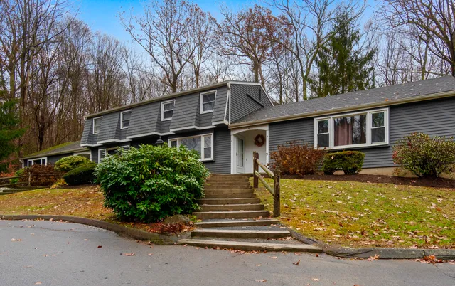 a front view of house with yard and green space