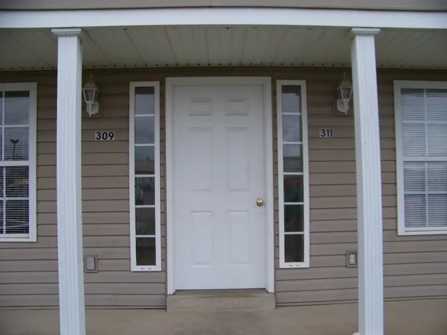 a couple of potted plants in front of door