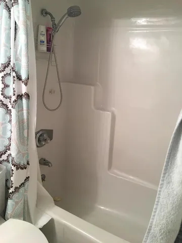 a bathroom with a shower and a toilet