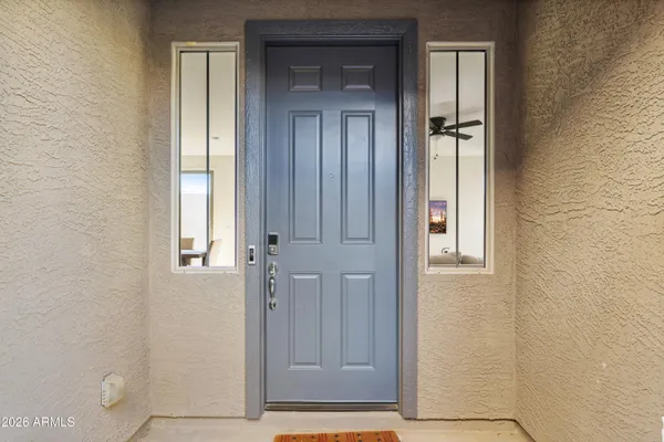 a view of a street with garage