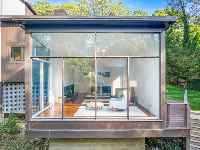 a view of swimming pool from a window