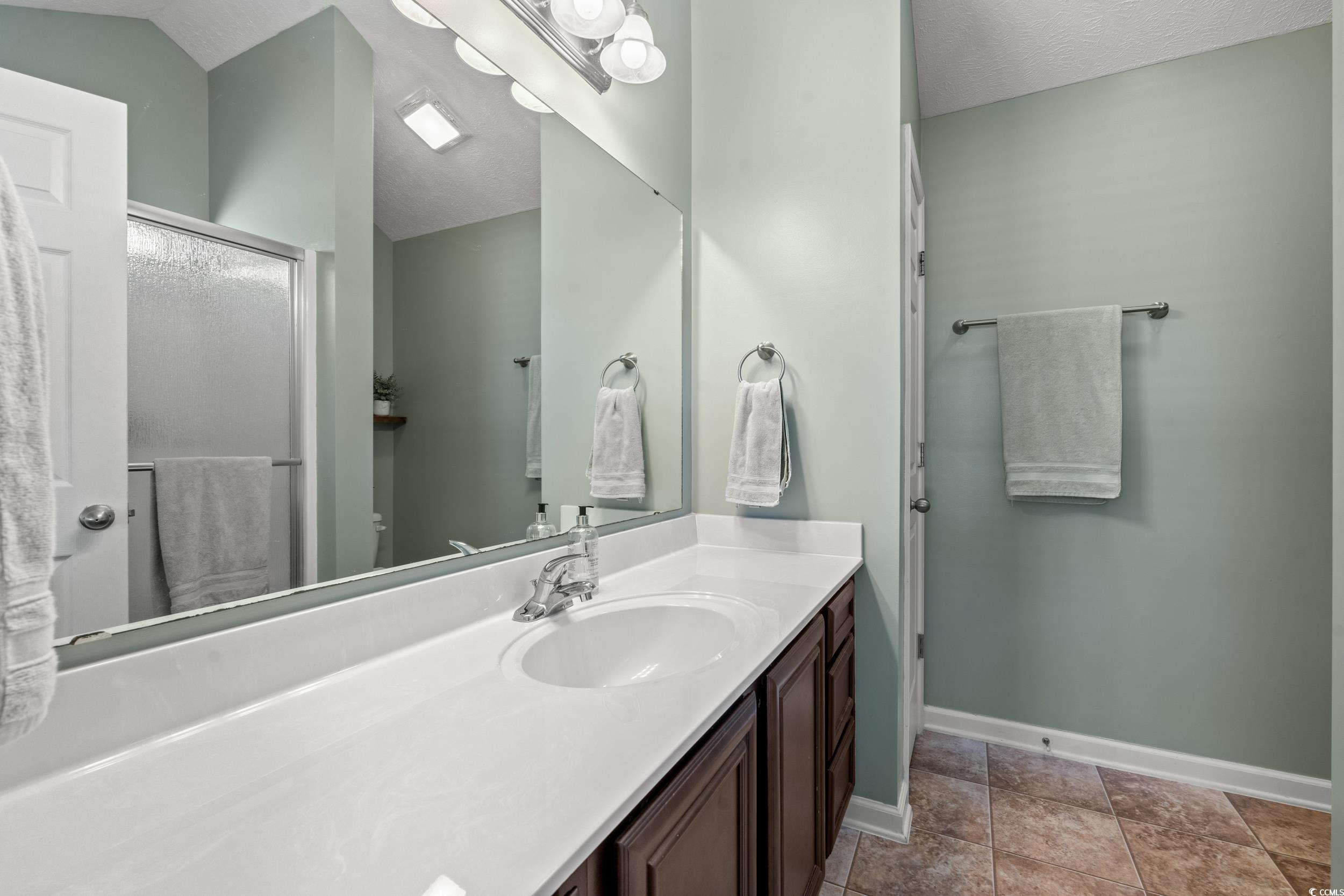 166 Woodland Park Loop Murrells Inlet, SC 29576 - Photo 16 of 39 Bathroom featuring vanity, a textured ceiling, wal