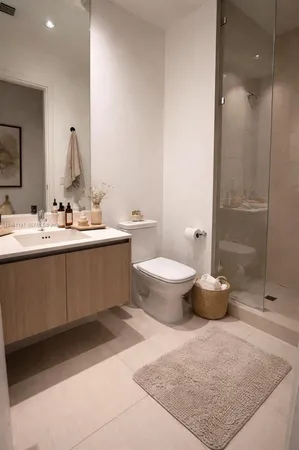 a bathroom with a double vanity sink toilet and mirror