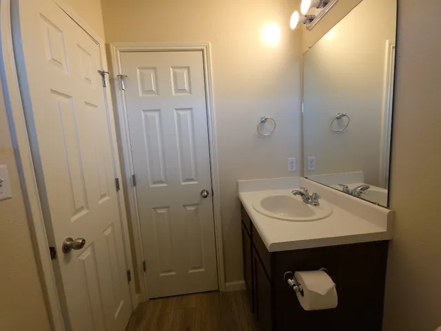 a bathroom with a sink and a mirror