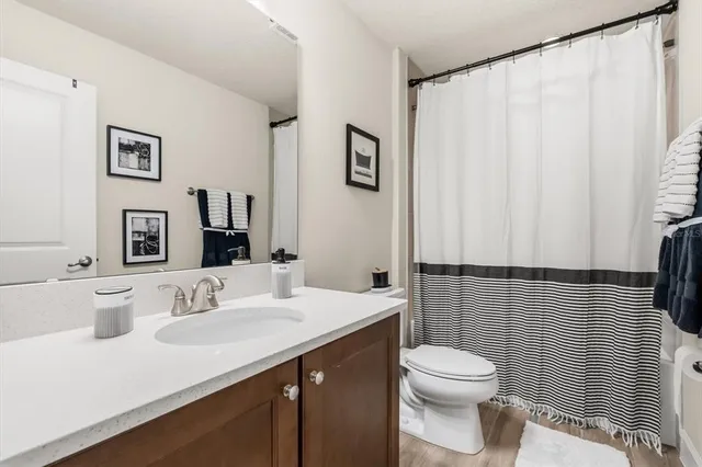 a bathroom with a sink a toilet and shower curtain