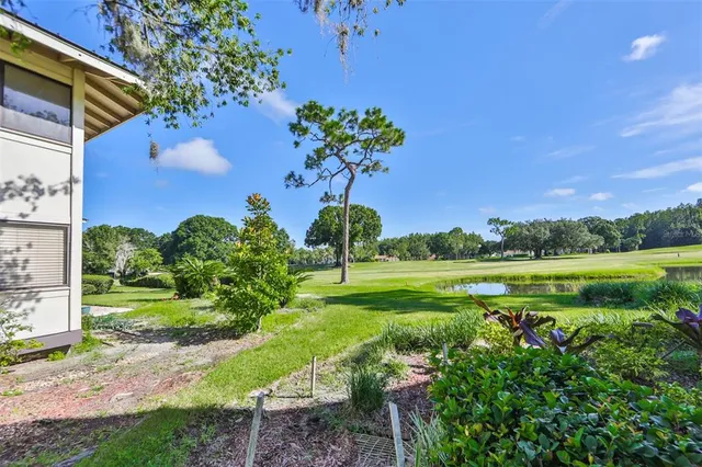 a view of a garden with a lake