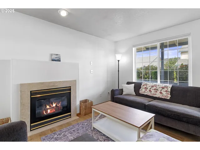 a living room with furniture a rug and a fireplace