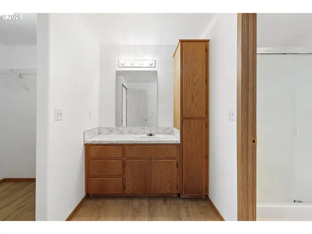 a bathroom with a sink a mirror and a shower