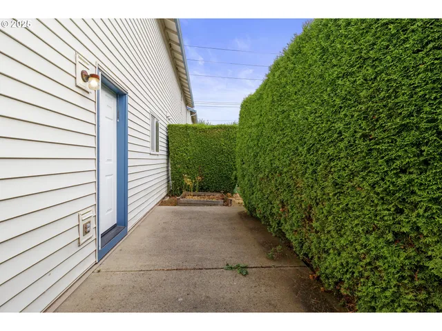 a view of a backyard with pathway