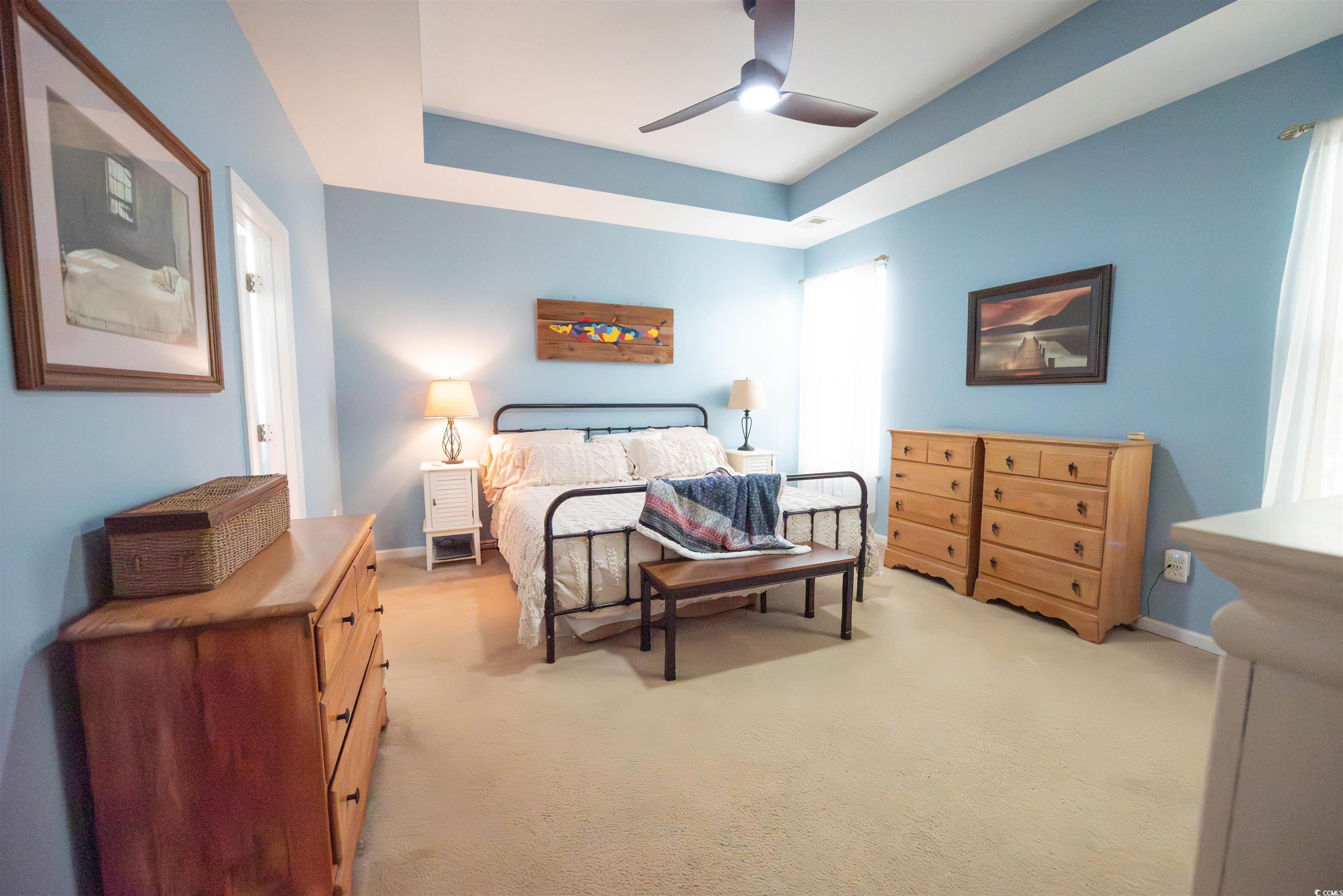 209 Golden Oaks Drive Murrells Inlet, SC 29576 - Photo 18 of 40 Bedroom with a tray ceiling, light carpet, a ceiling fan, and multiple windows