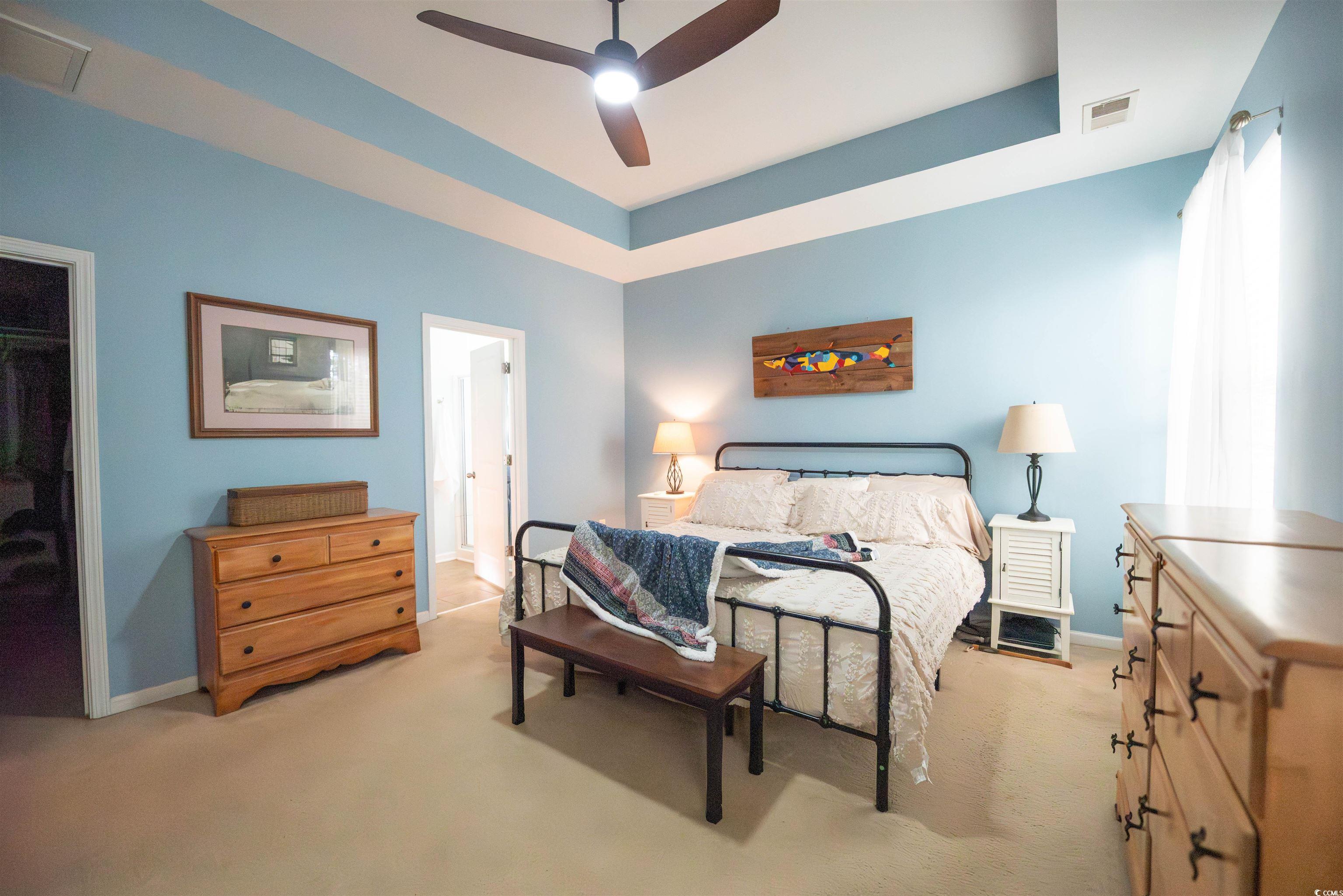 209 Golden Oaks Drive Murrells Inlet, SC 29576 - Photo 19 of 40 Bedroom featuring a raised ceiling, light colored carpet, and a ceiling fan