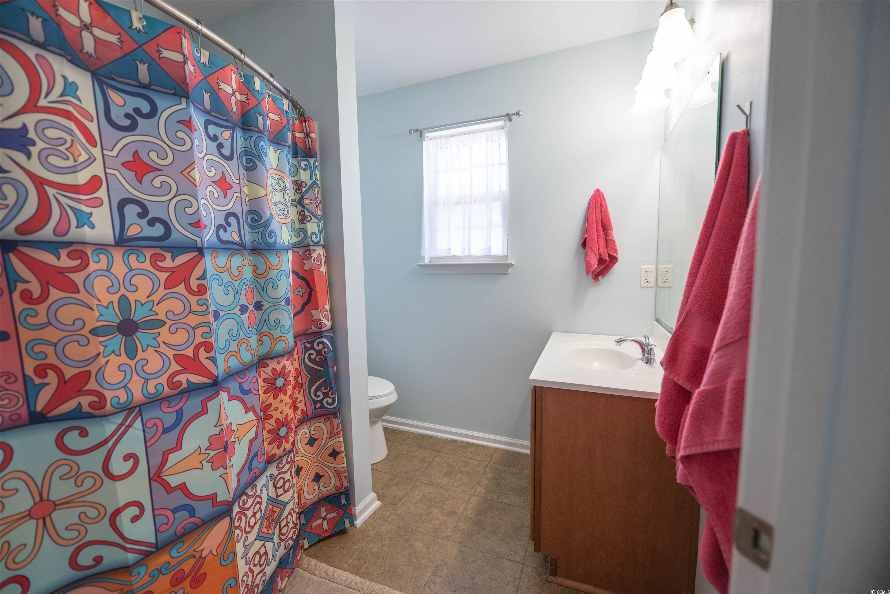 209 Golden Oaks Drive Murrells Inlet, SC 29576 - Photo 29 of 40 Bathroom featuring vanity, dark tile patterned floors, and a shower with curtain