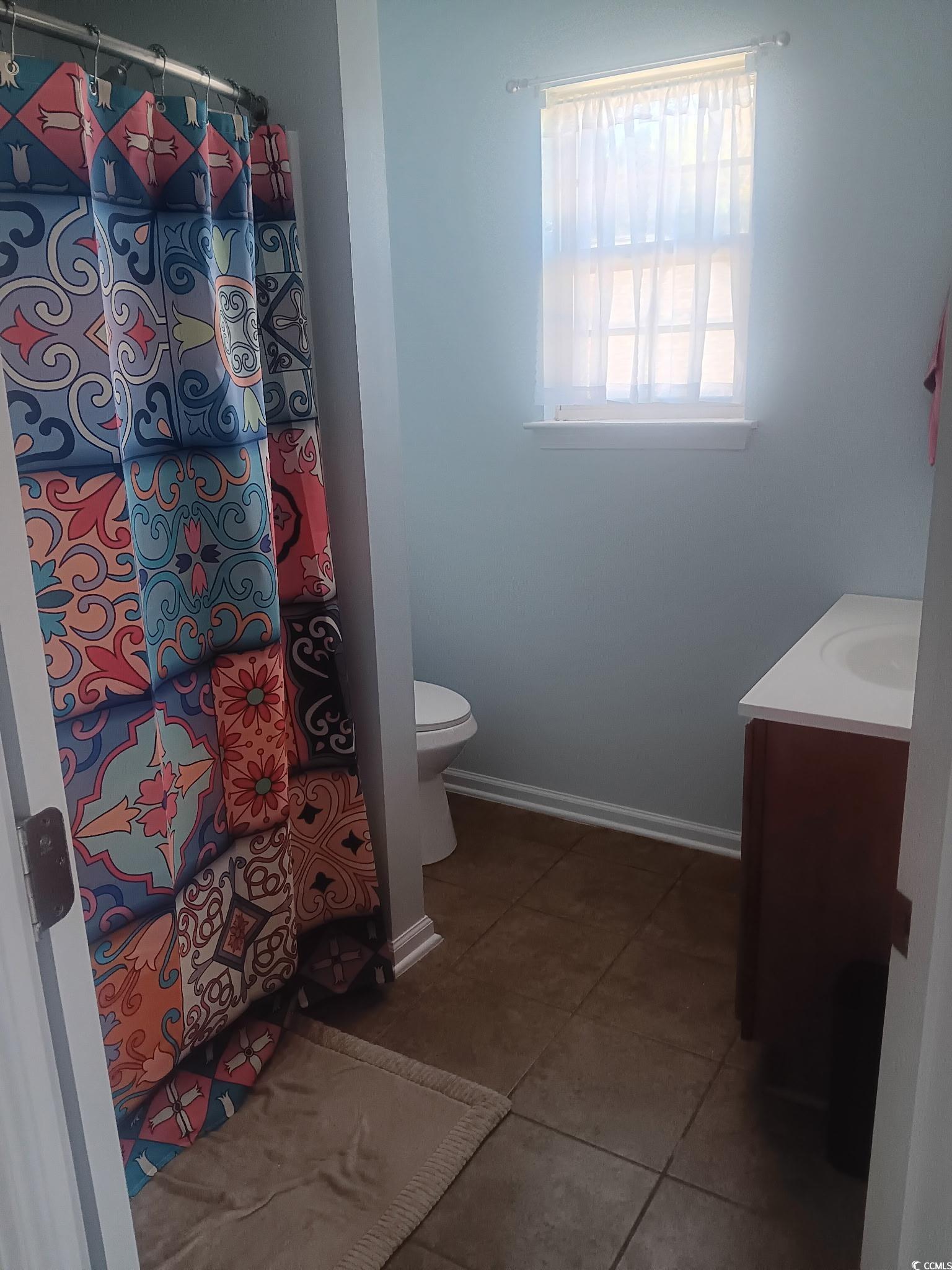 209 Golden Oaks Drive Murrells Inlet, SC 29576 - Photo 40 of 40 Bathroom with vanity, dark tile patterned flooring, and curtained shower