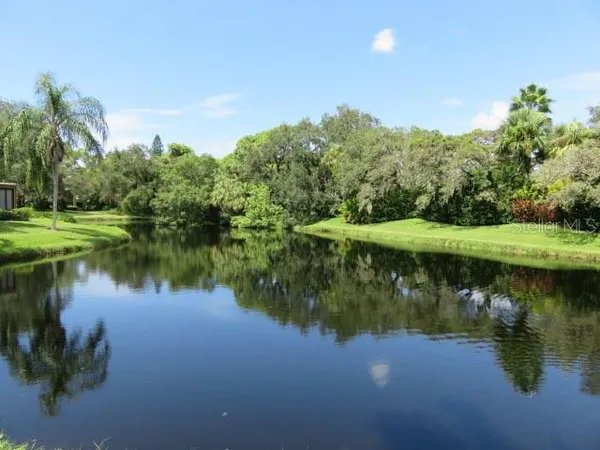 a view of a lake with a big yard