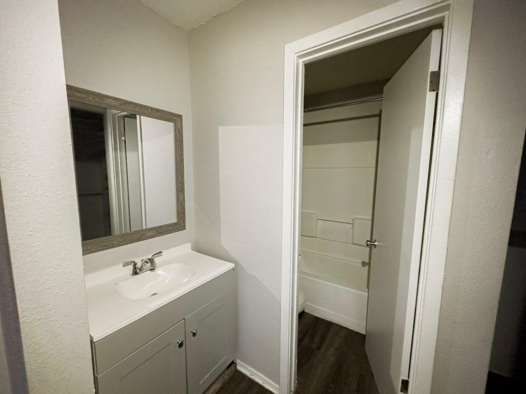 4500 Witham Lane, Unit 101 Austin, TX 78745 - Photo 24 of 27 Bathroom featuring vanity, shower combination, and dark wood-style floors